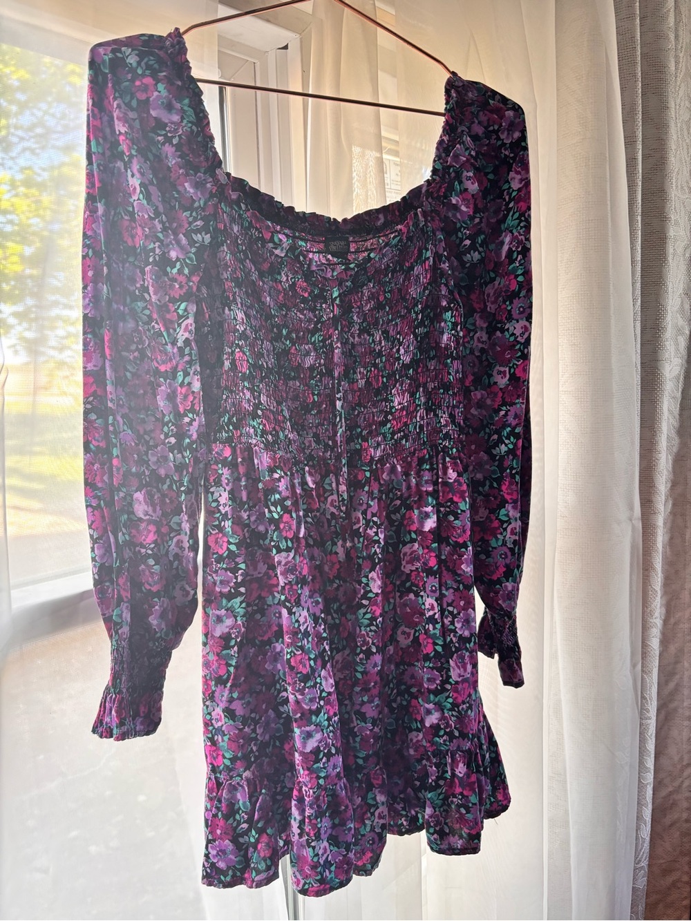 wild fable Purple Floral Long-Sleeve Smocked Mini Dress